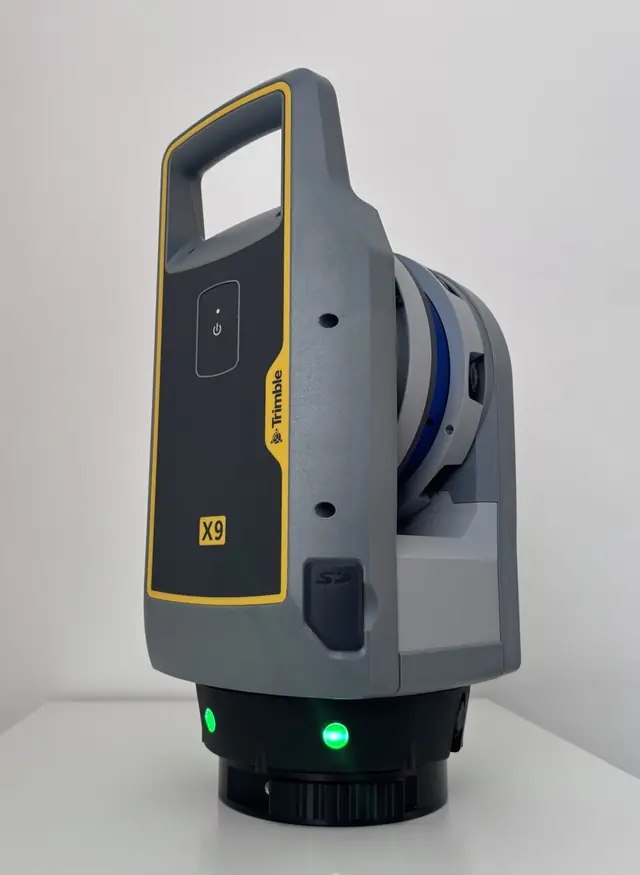 Trimble X9 3D laser scanning system set up on a tripod, ready to capture a site